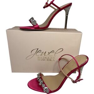 Jewel Badgley Mischka Ojai Pink Satin Rhinestone Heels Prom Wedding Glam Size 10